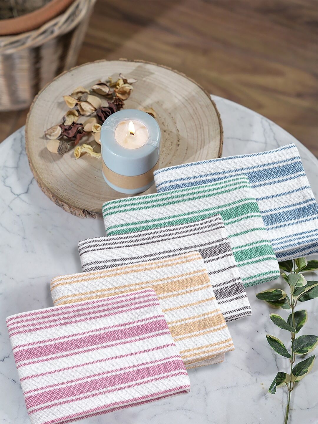 Myntra Elegant Homes 5-Pcs Pink & Yellow Striped Cotton Hand Towels-picture-27