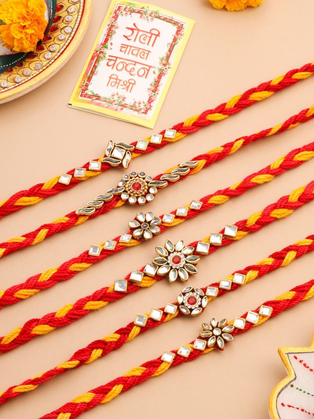 SZN Men Set Of 6 Red & Yellow Kundan Studded Floral Design Thread Rakhi With Roli Chawal-image-25