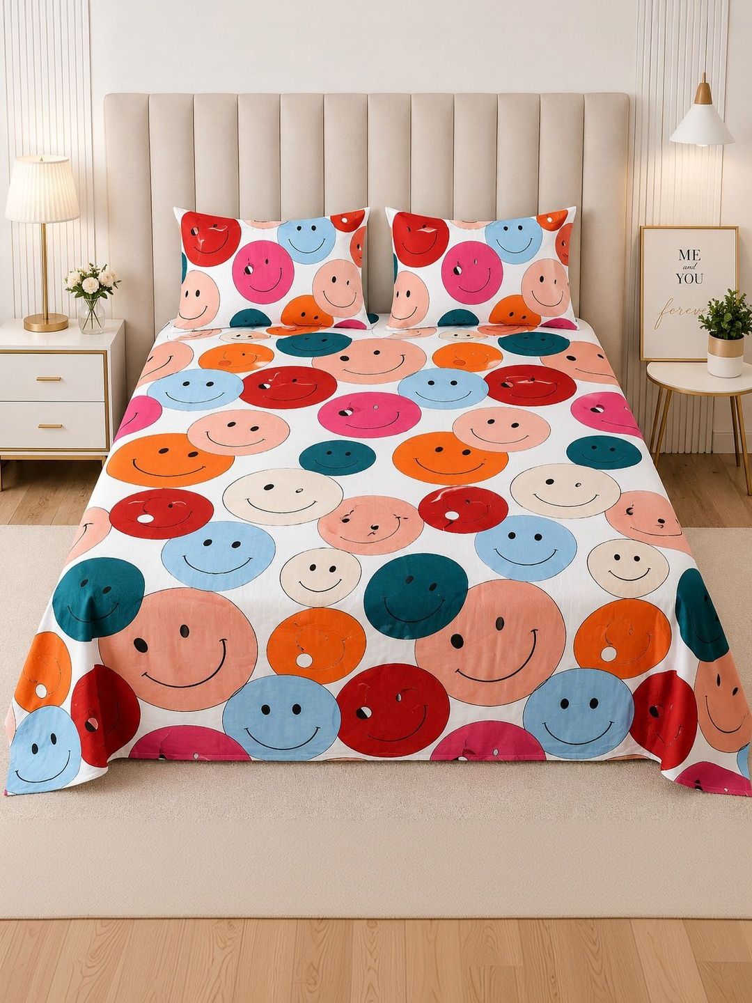 TINDLER KNOTS White & Red Cartoon Characters 300 TC Bedsheet with 2 Pillow Covers-picture-44