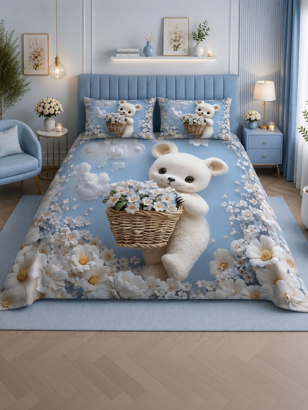DECOVIA Blue & White Cartoon Characters 400 TC Queen Bedsheet with 2 Pillow Covers-picture-58