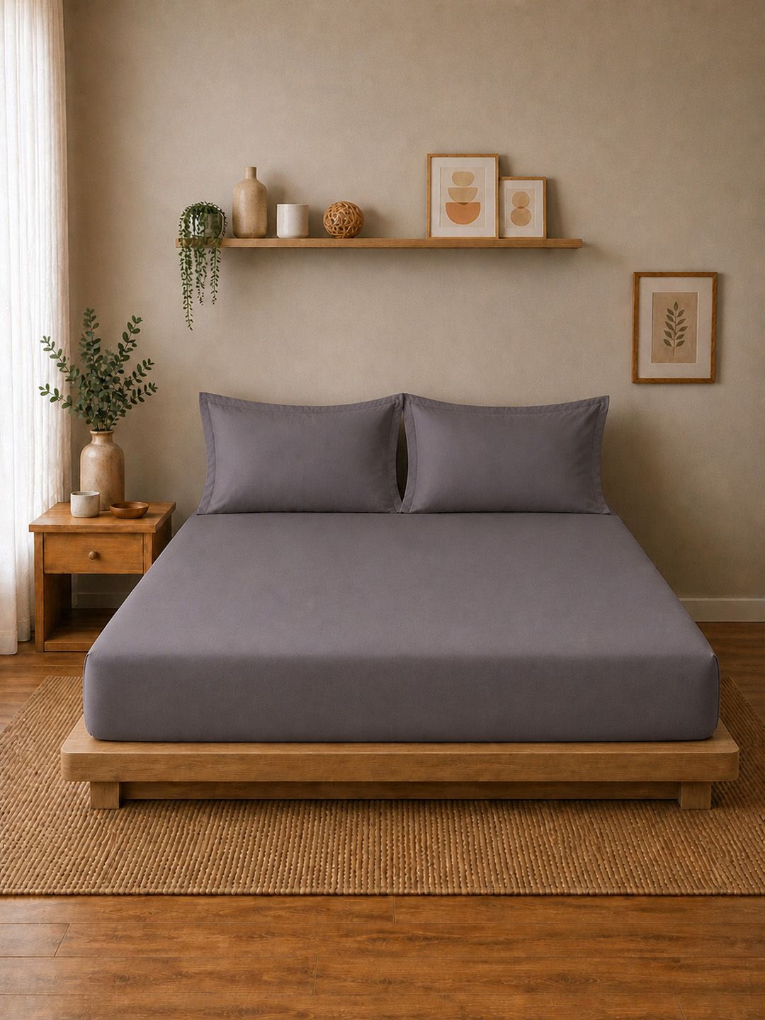 Linen Home Charcoal 200 TC Queen Size Fitted Sheet Set with 2 Pillow Covers-image-46