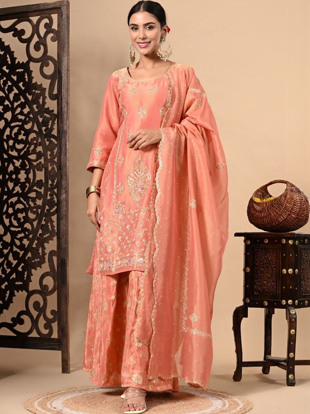 ZARIKALI Women Ethnic Motifs Embroidered Regular Kurta with Palazzos & With Dupatta-image-49