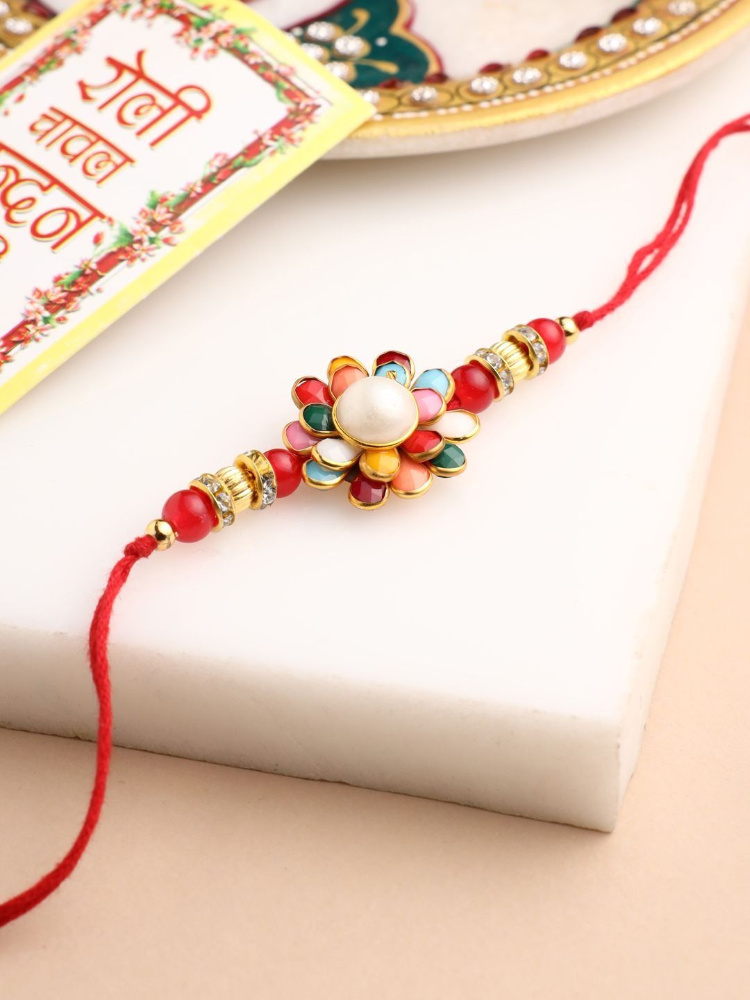 SZN Men Multicolor Beads & Pearls Floral Design Thread Rakhi For Rakshabandhan-image-2