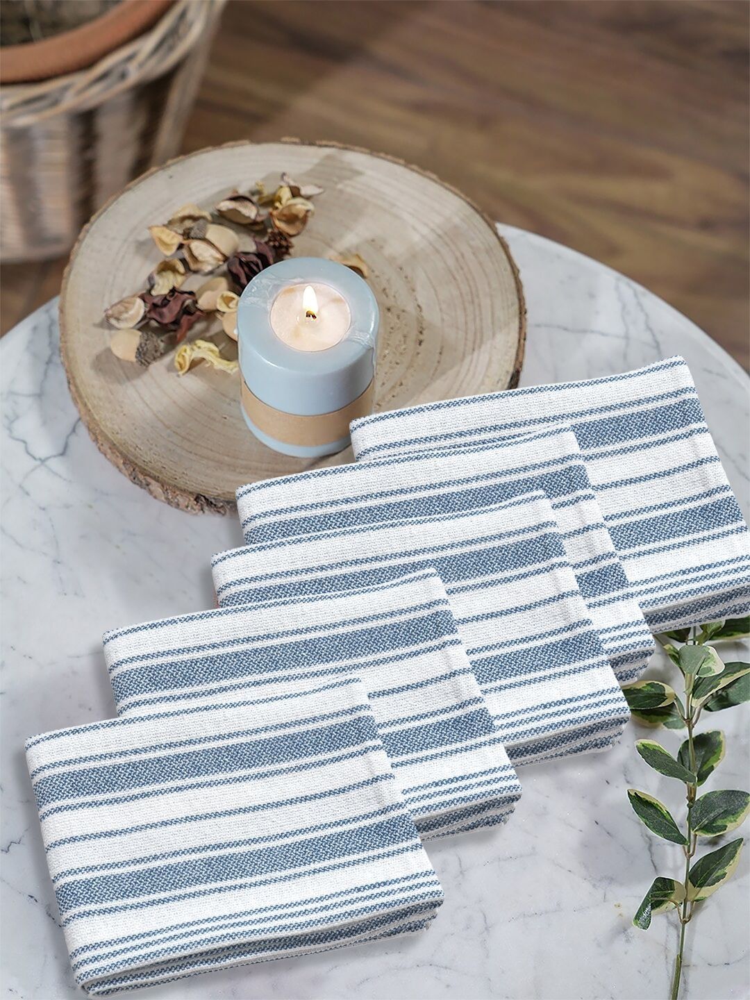 Myntra Elegant Homes 5-Pcs Blue & White Striped Cotton Hand Towels-image-46