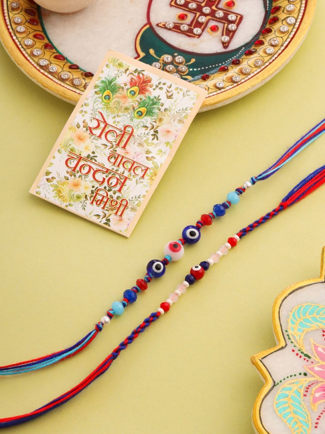 SZN Men Multicolor Evil Eye Artificial Beads Thread Rakhi With Roli Chawal-image-5