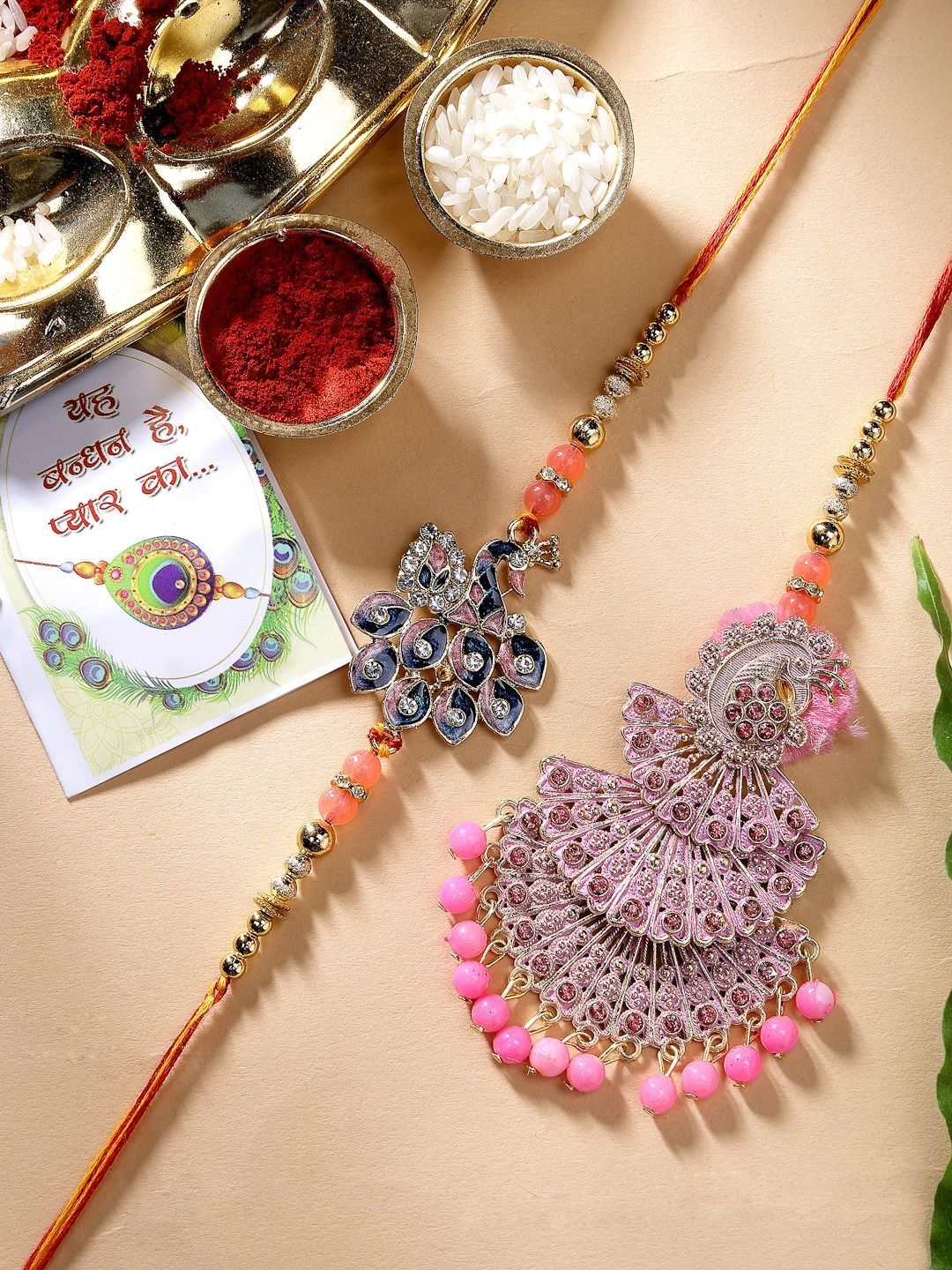 SZN Unisex Set Of 2 Multicolor Peacock Design Stone & Beaded Bhaiya Bhabhi Rakhi-image-40
