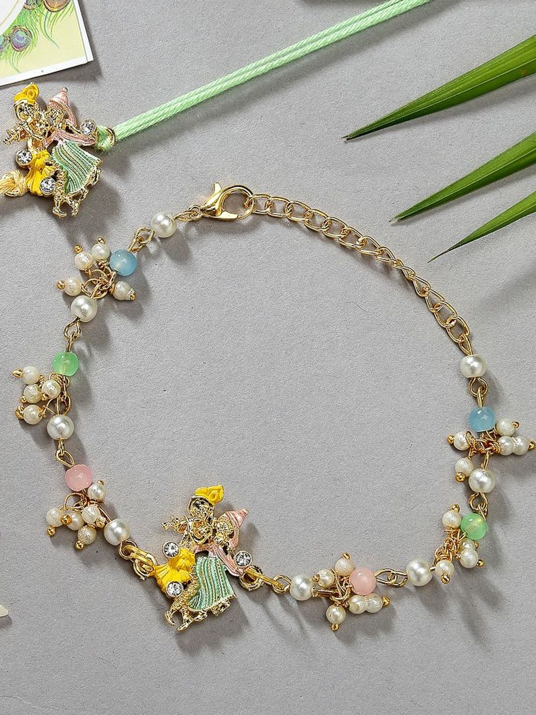 SZN Unisex Set Of 2 Multicolor Gold-Toned Radha Krishna Beaded Bhaiya Bhabhi Rakhi-image-37
