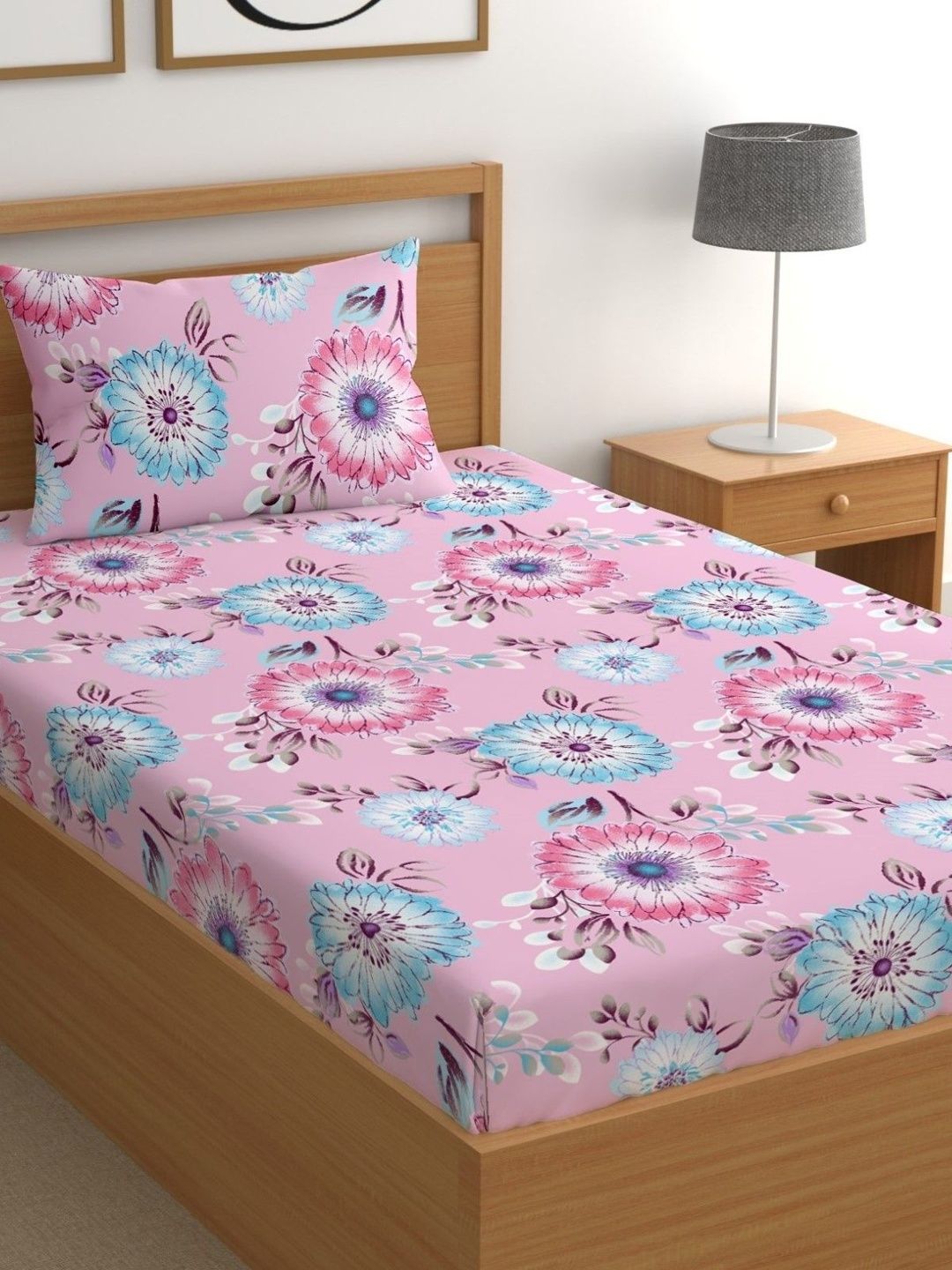 Aura Pink Floral 210 TC Single Bedsheet with 1 Pillow Covers-picture-37