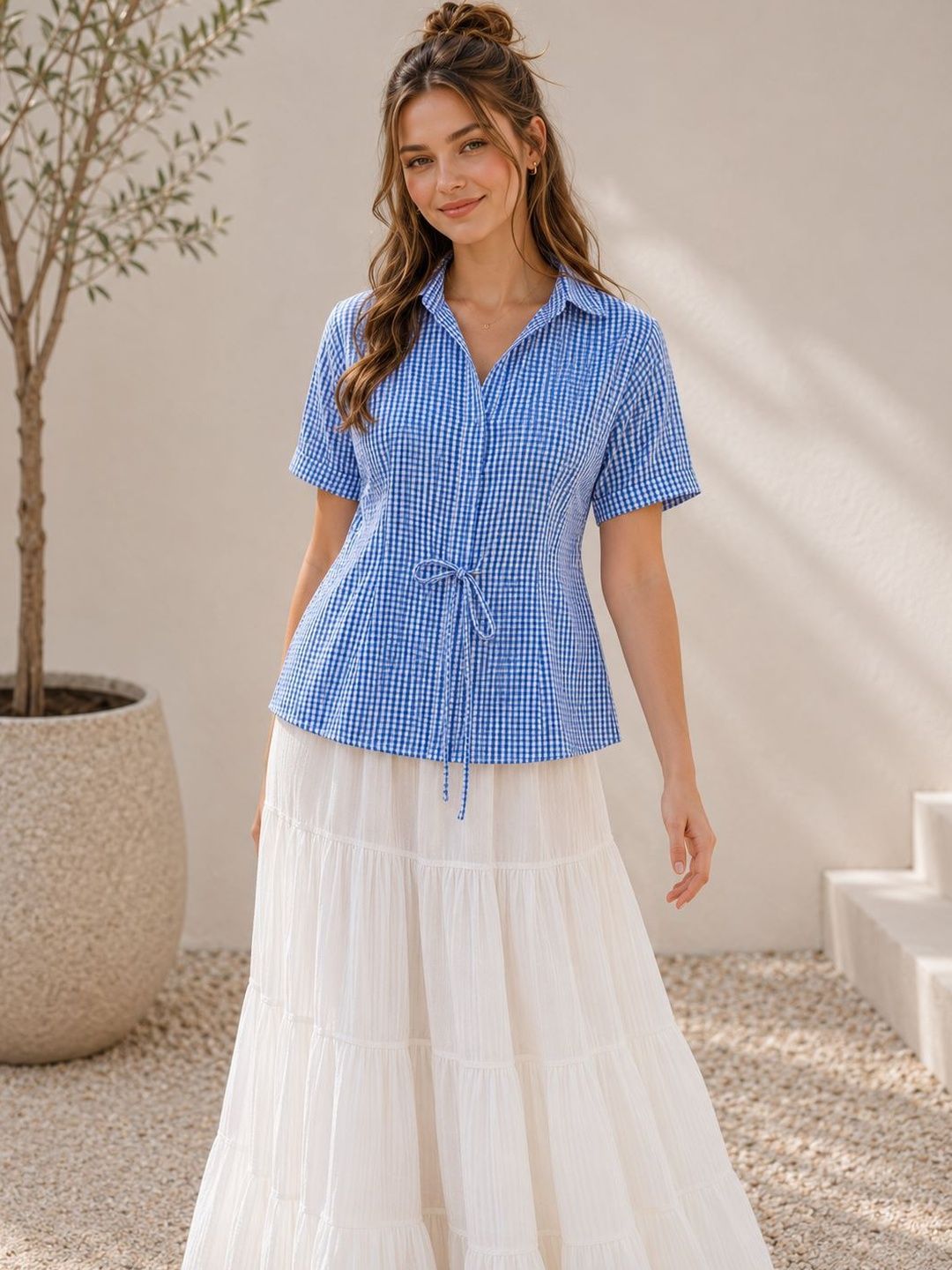Sangria Checked Linen Blend Top-image-2