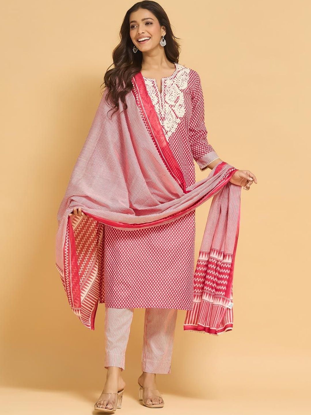 Fabindia Women Ethnic Motifs Printed Regular Pure Cotton Kurta with Trousers & With Dupatta-picture-23