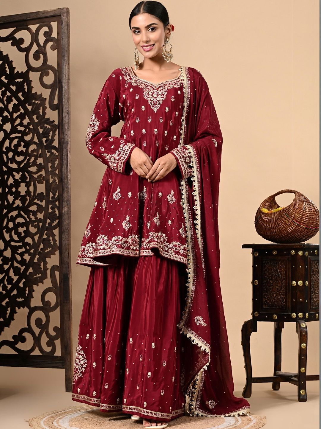 ZARIKALI Women Ethnic Motifs Embroidered Empire Kurta with Sharara & With Dupatta-picture-40
