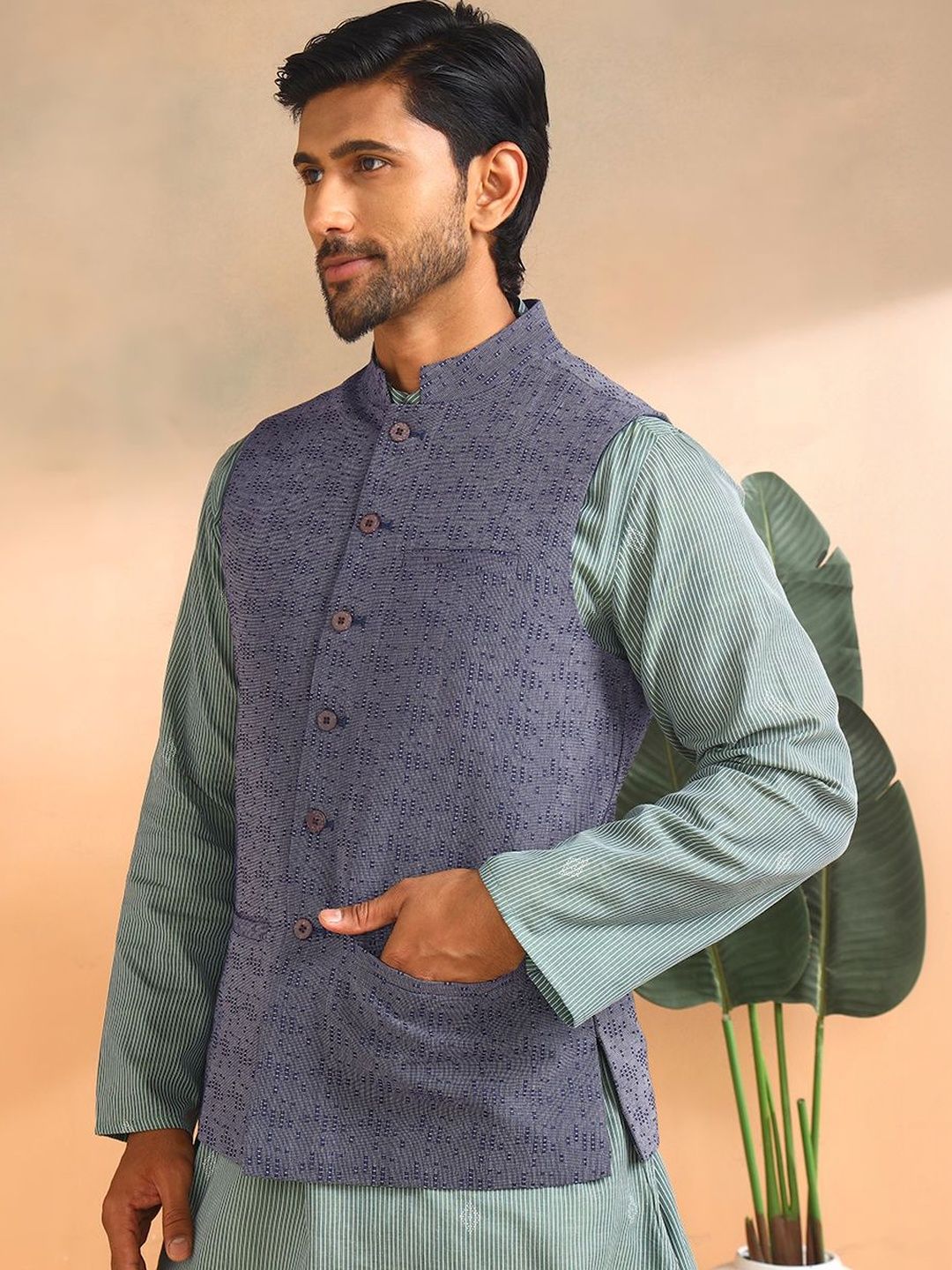 Fabindia Woven Design Cotton Woven Nehru Jacket-picture-34