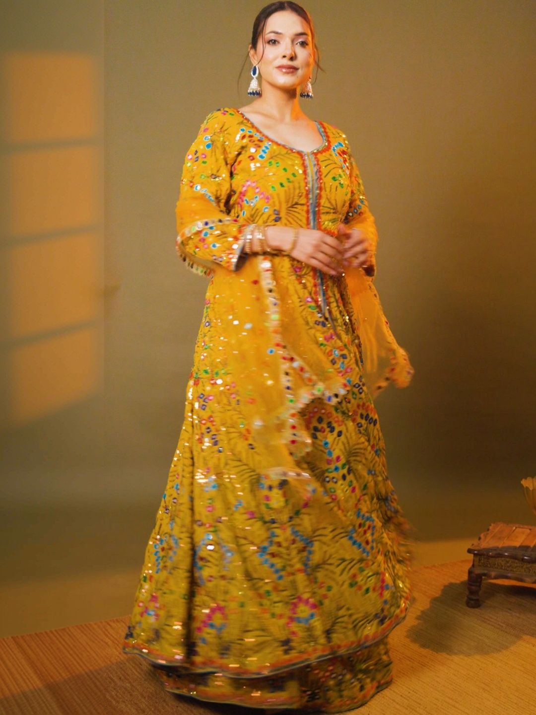 ZARIKALI Embellished Mirror Work Ready to Wear Lehenga & Blouse With Dupatta-image-33