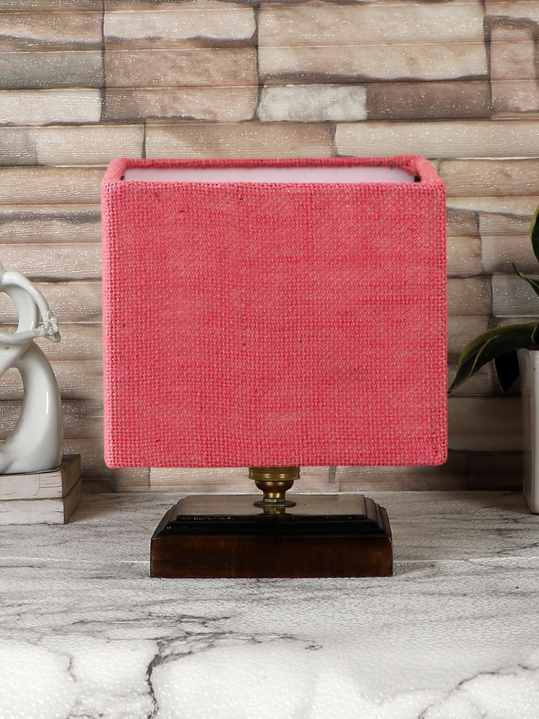 Myntra Elegant Homes Pink Textured Wood Contemporary Square Table Lamp-image-33