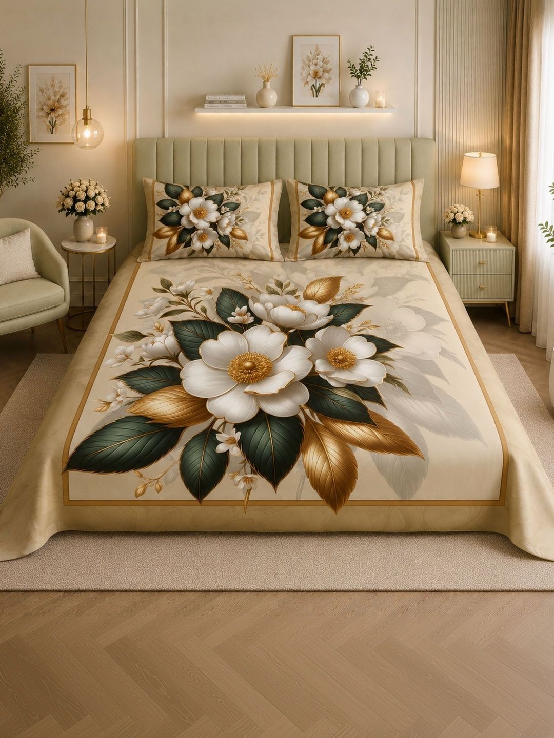 DECOVIA Gold-Toned & White Floral 400 TC Queen Bedsheet with 2 Pillow Covers-image-0