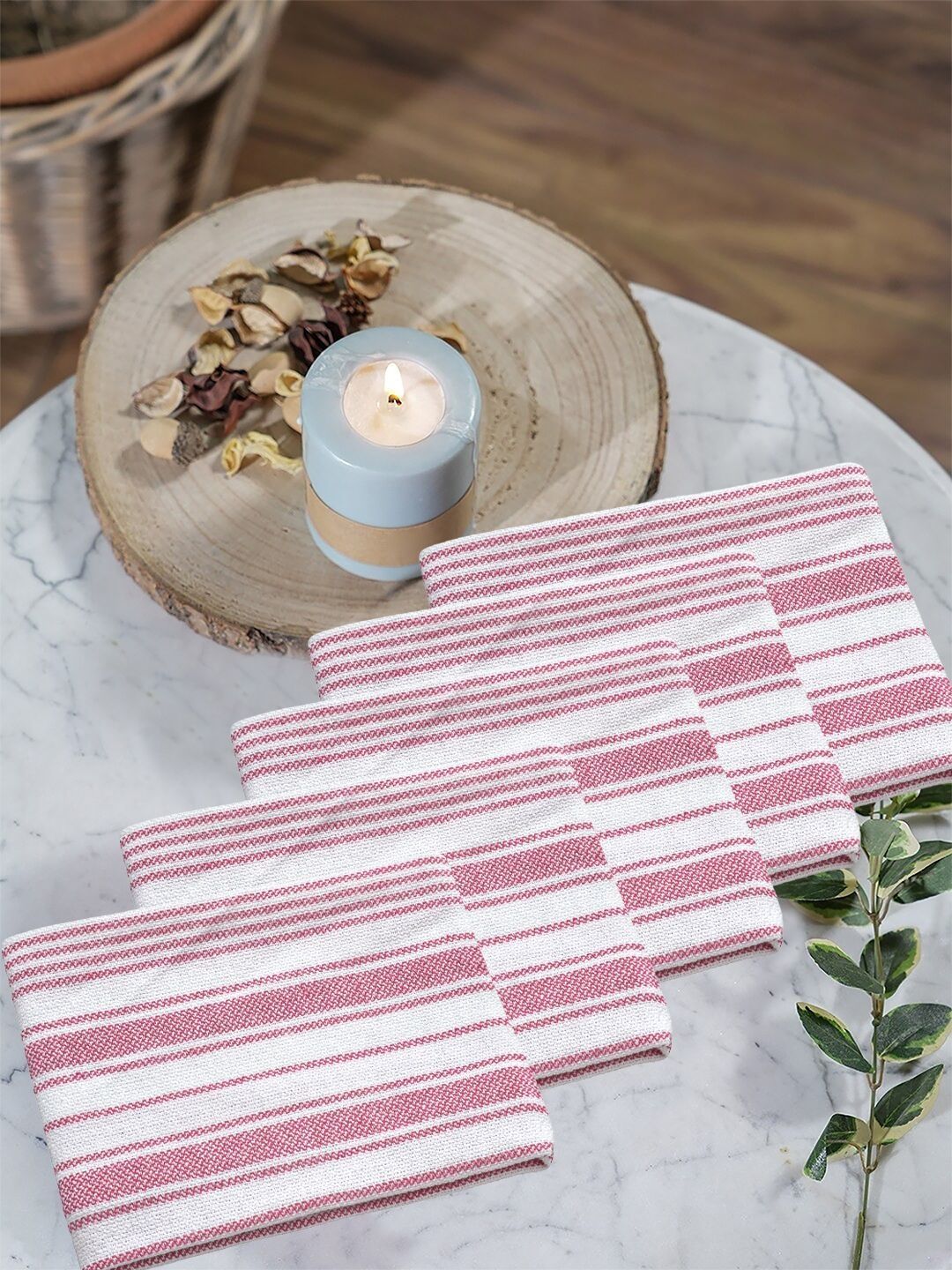 Myntra Elegant Homes 5-Pcs Pink & White Striped Cotton Hand Towels-picture-23