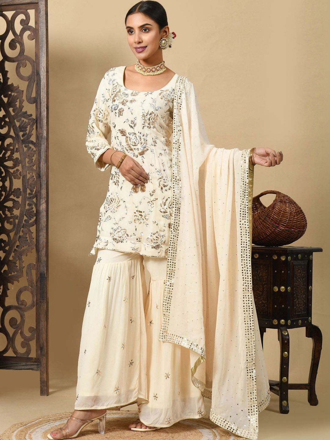 ZARIKALI Women Floral Embroidered Regular Sequinned Kurta with Sharara & With Dupatta-picture-43