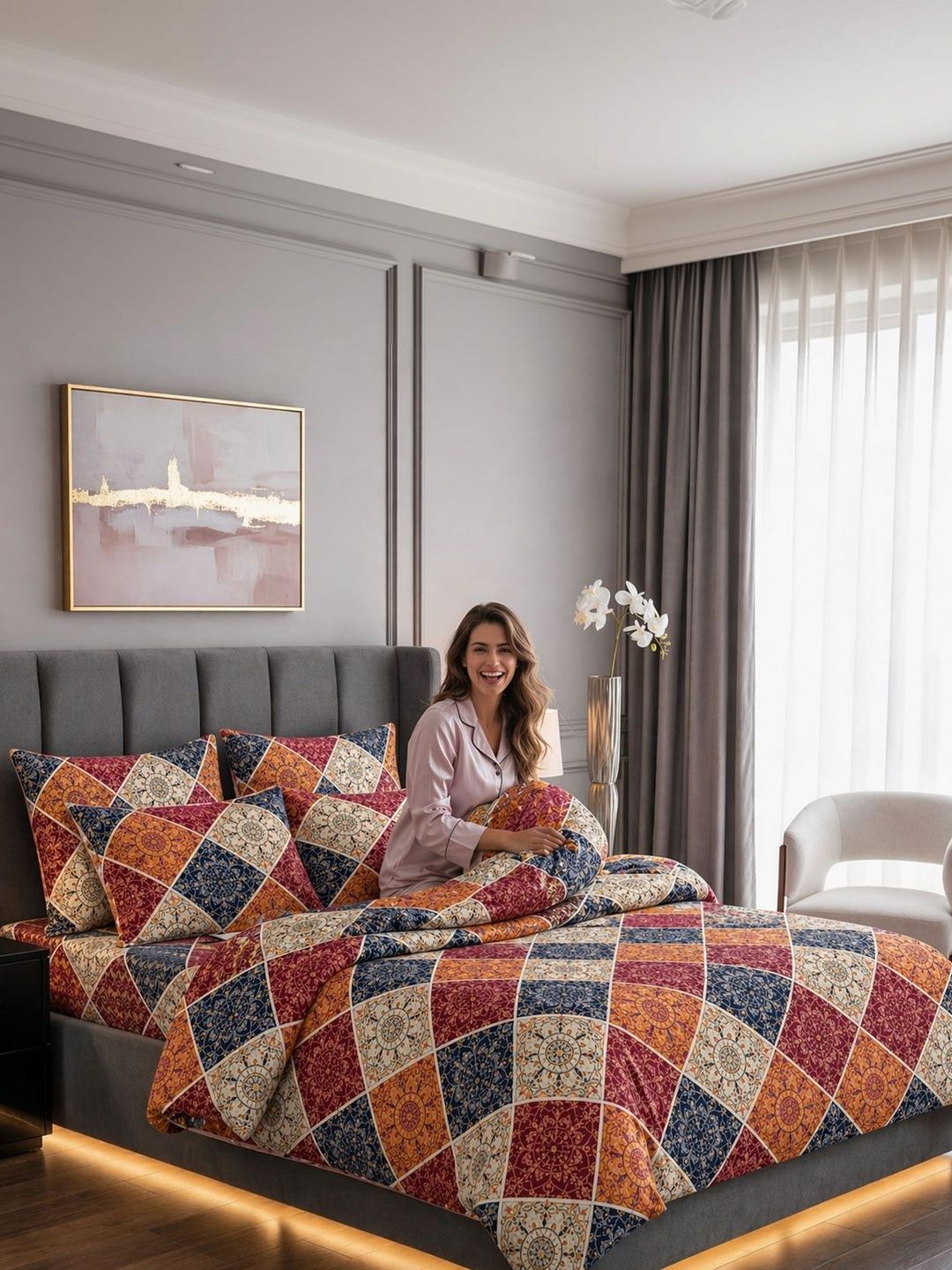 Comfowell Red & Beige Floral Polycotton 1 Piece Double King Fine Bedding Set-image-28