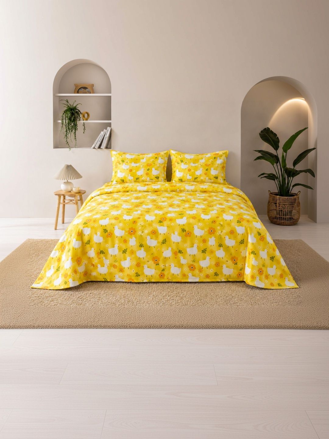 TINDLER KNOTS Yellow & White Cartoon Characters 300 TC Bedsheet with 2 Pillow Covers-picture-11
