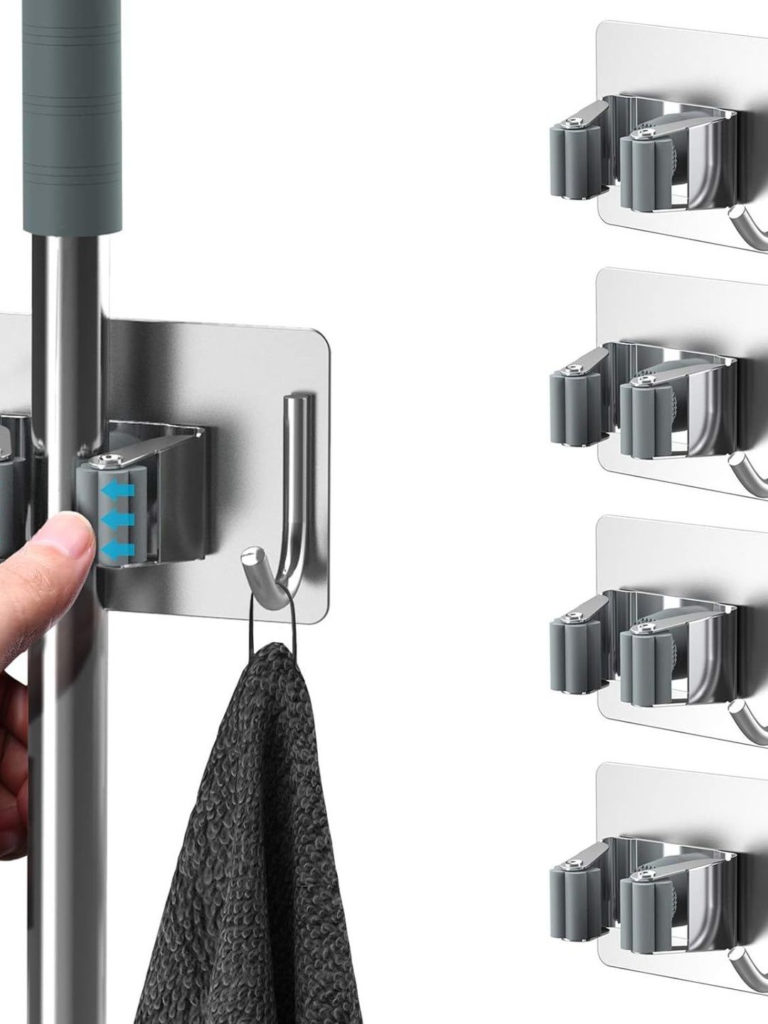 kepzell Silver & Grey 4-Pieces Stainless Steel Broom & Mop Holder-image-3