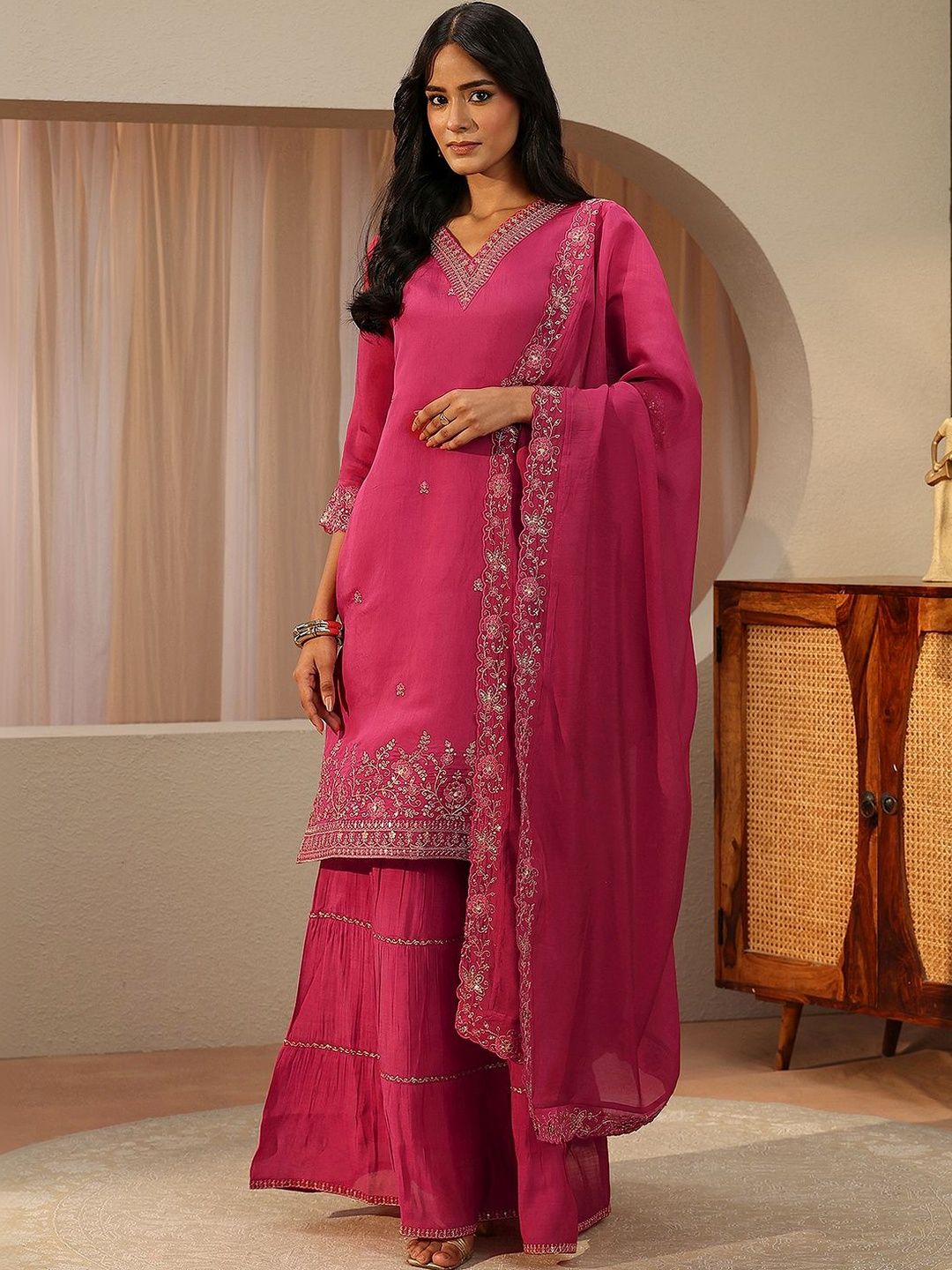 Libas Fuchsia Pink Embroidered Chanderi Cotton Sharara Suit Set-picture-53