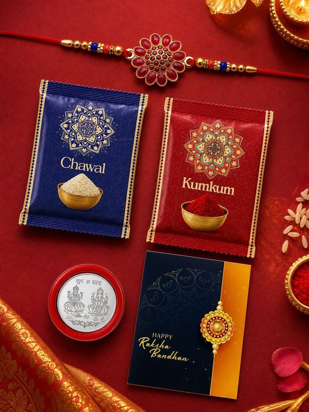 DeoDap Rakhi for Brother With Greeting Card & Roli-Chawal & Silver colour coin-picture-50