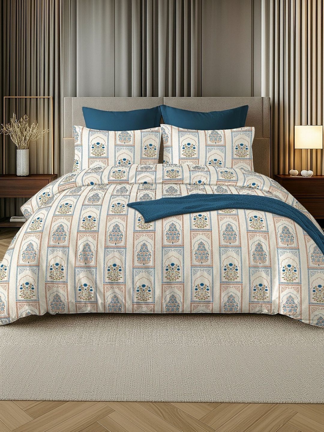 Sangria White & Blue Floral 160 TC Bedsheet with 2 Pillow Covers-picture-42
