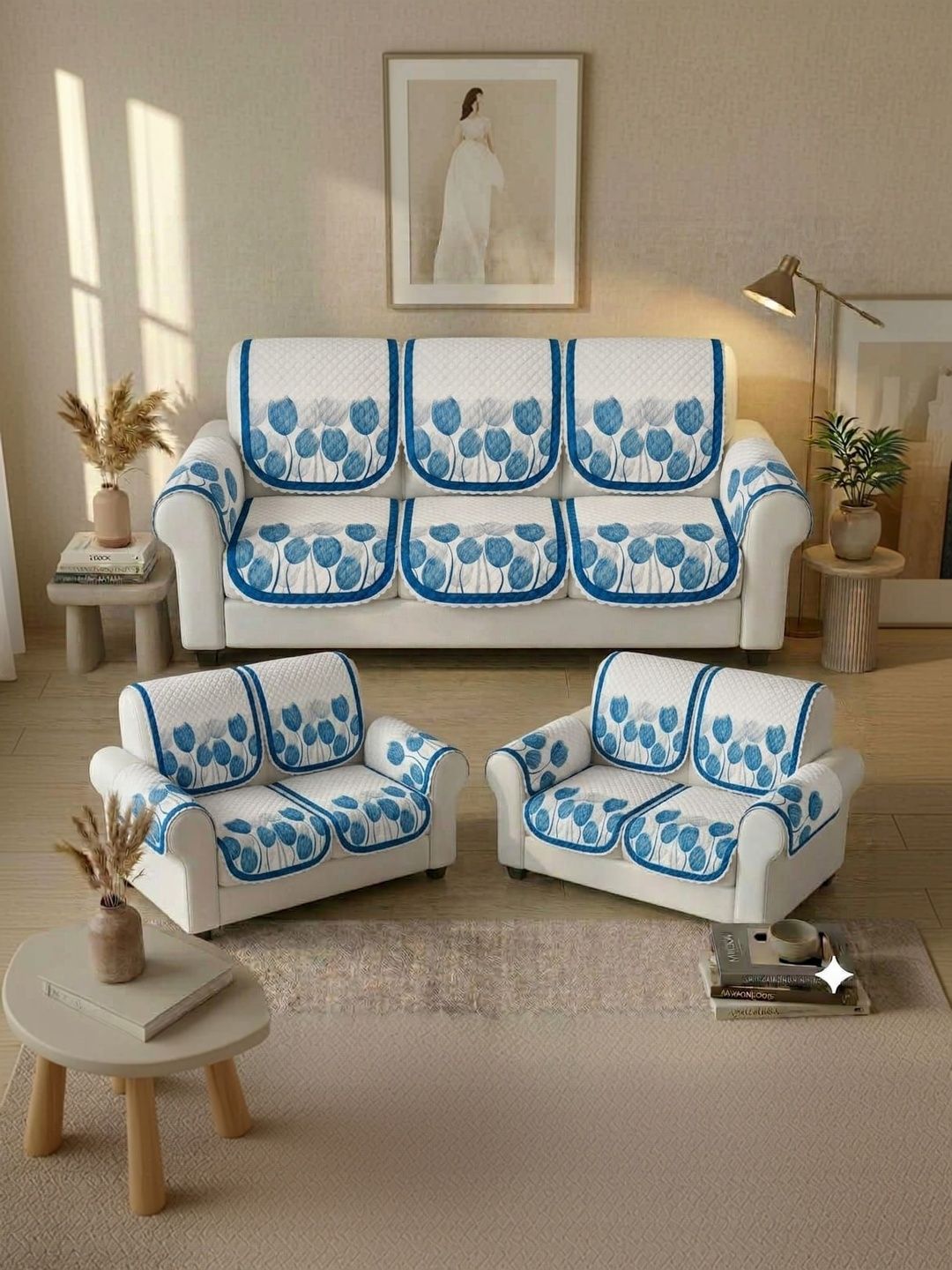 RAINBOW FURNISHINGS Blue Printed Sofa Cover With Arms-image-43