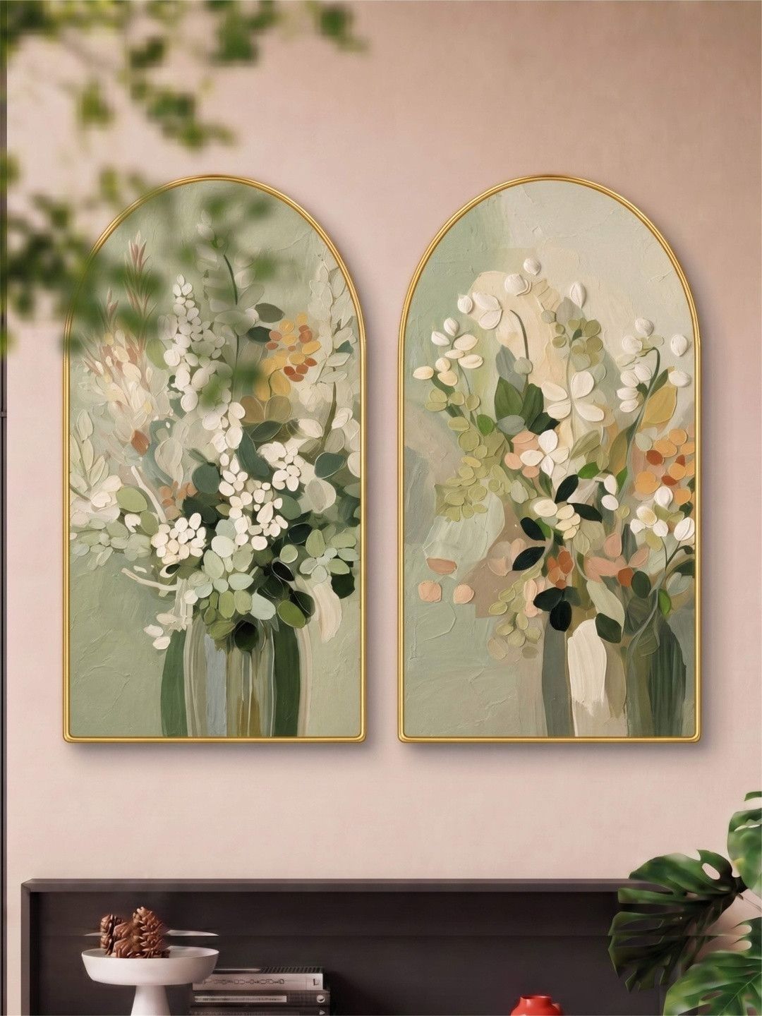 SAF Green MDF 2 Pieces Floral Botanical Portrait Wall Art - 30'' x 16''-image-36