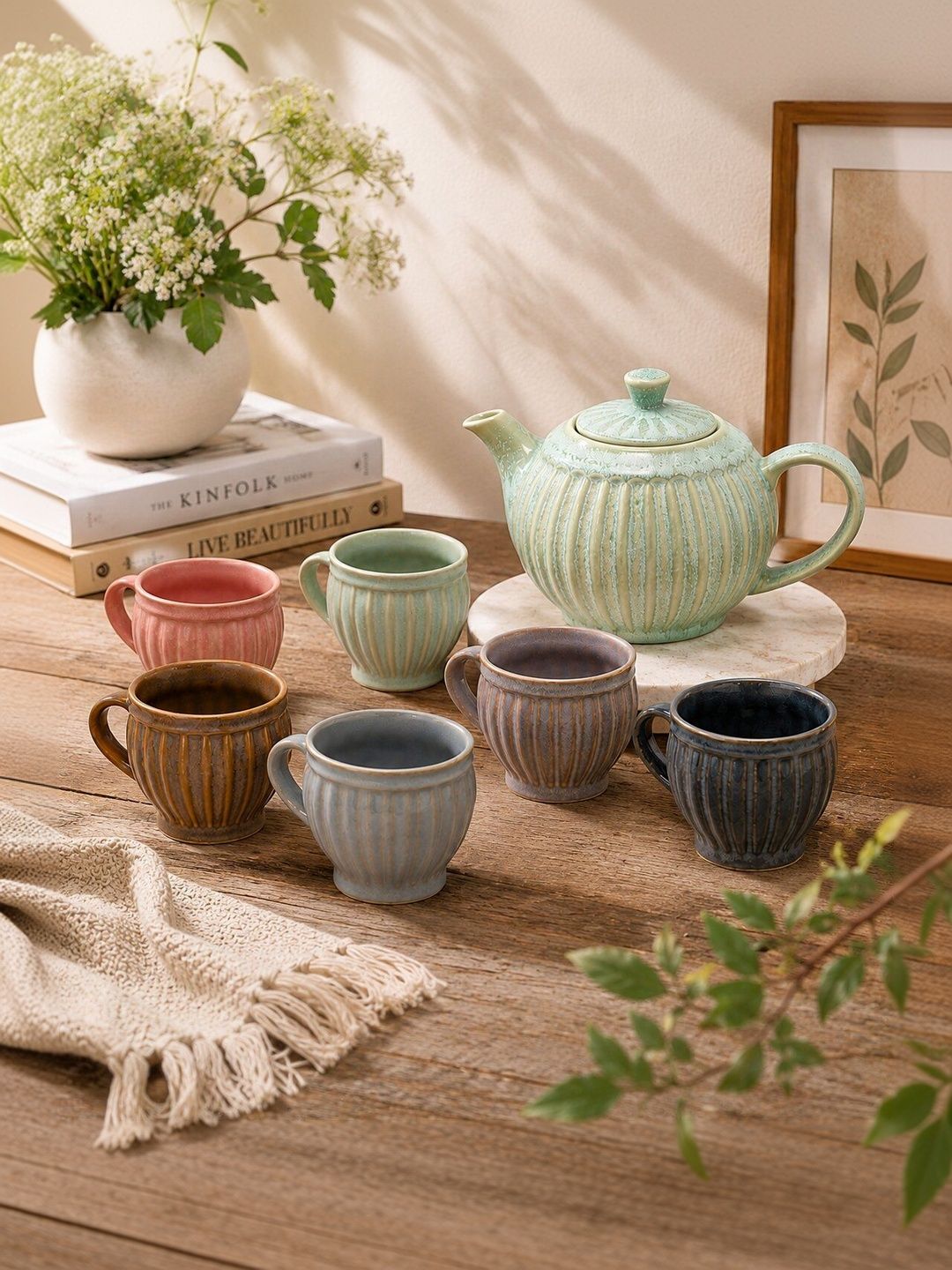 Myntra Elegant Homes Green & Multicoloured Crafted Ceramics Textured Ceramic Glossy Kettle Set of Cups and Mugs-picture-24