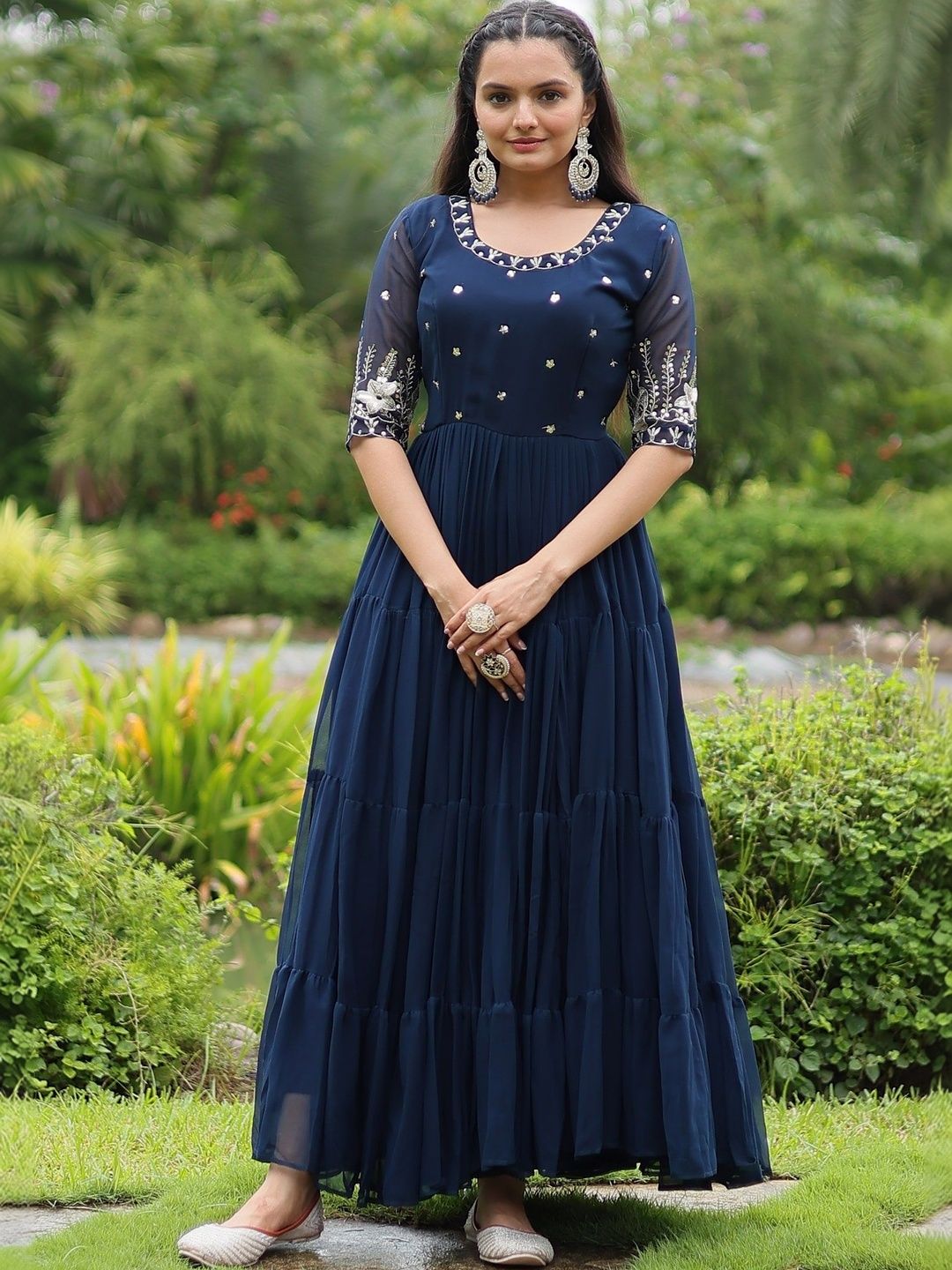 Sangria Ethnic Motifs Embroidered Sequinned Fit & Flare Maxi Georgette Ethnic Dresses-picture-57