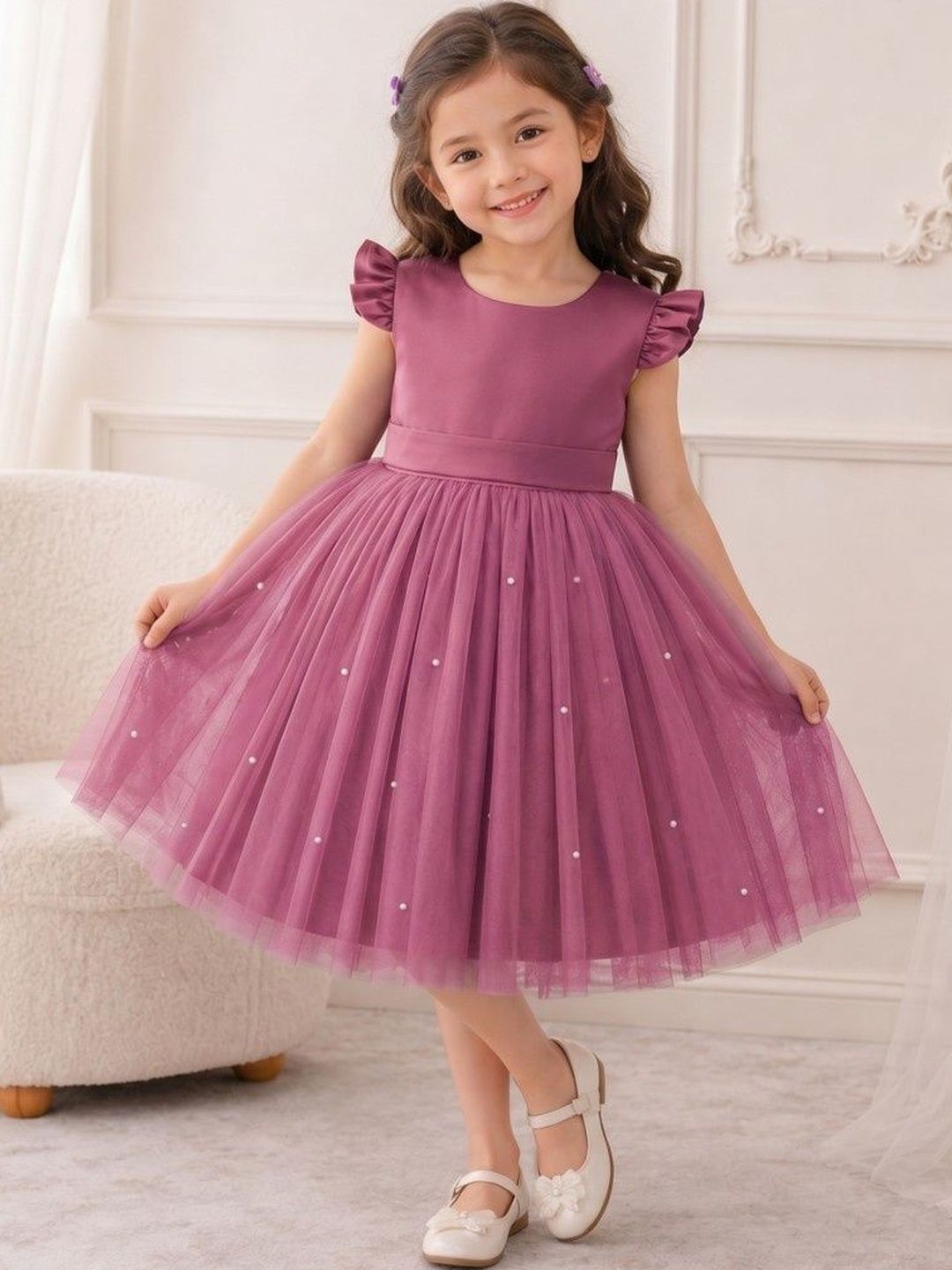 YK Flutter Sleeve Ruffled Net A-Line Dress-picture-33
