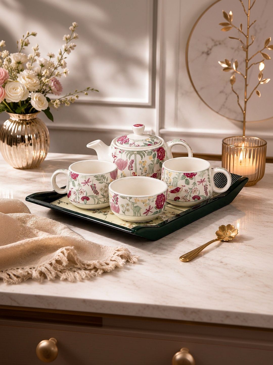 Arrabi White & Pink Floral Printed Ceramic Glossy Kettle Set of Cups and Mugs-image-20