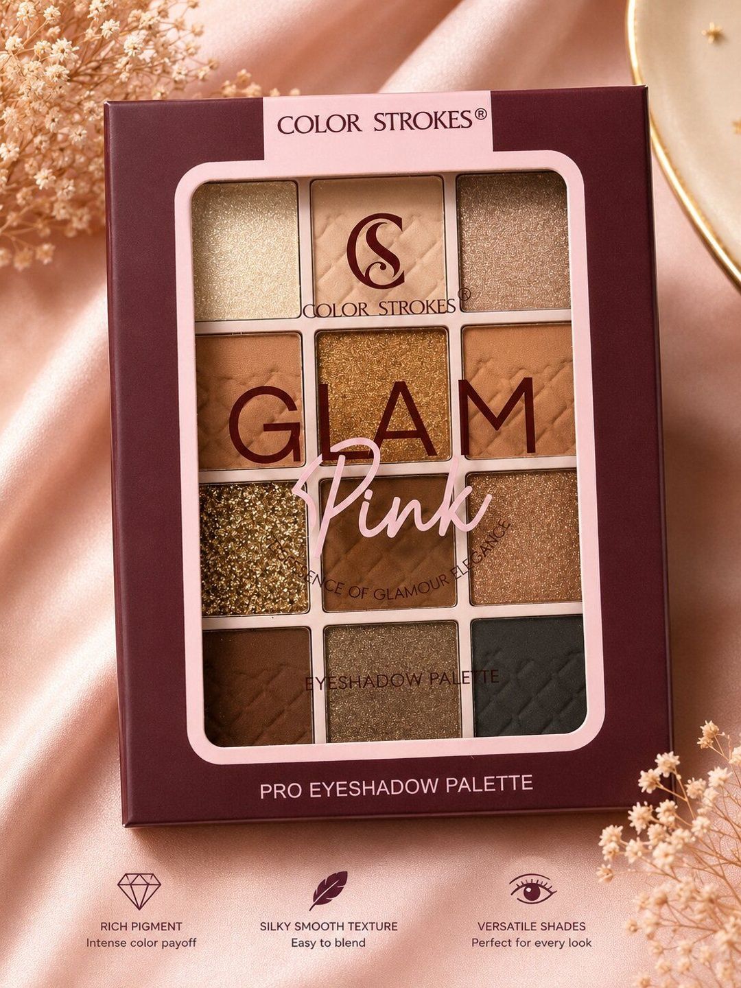 color strokes 12 Shade Matte Shimmer & Glitter Eyeshadow Palette -Glam Pink.C-image-30