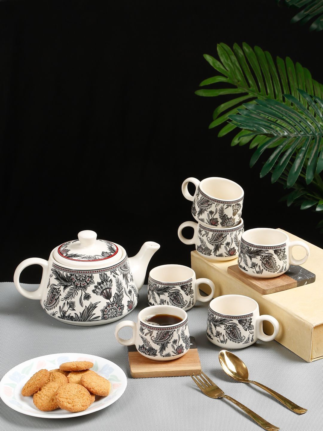 Myntra Elegant Homes White & Black Ethnic Motifs Printed Ceramic Glossy Cups Set of Cups and Mugs-picture-36