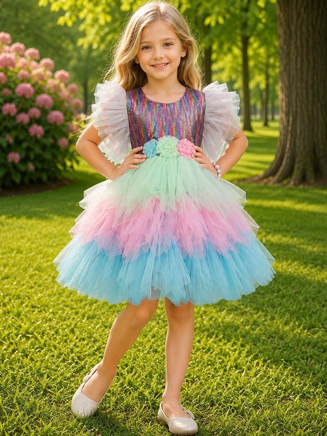 HERE&NOW Colourblocked Flutter Sleeve Ruffled Net A-Line Dress-image-46