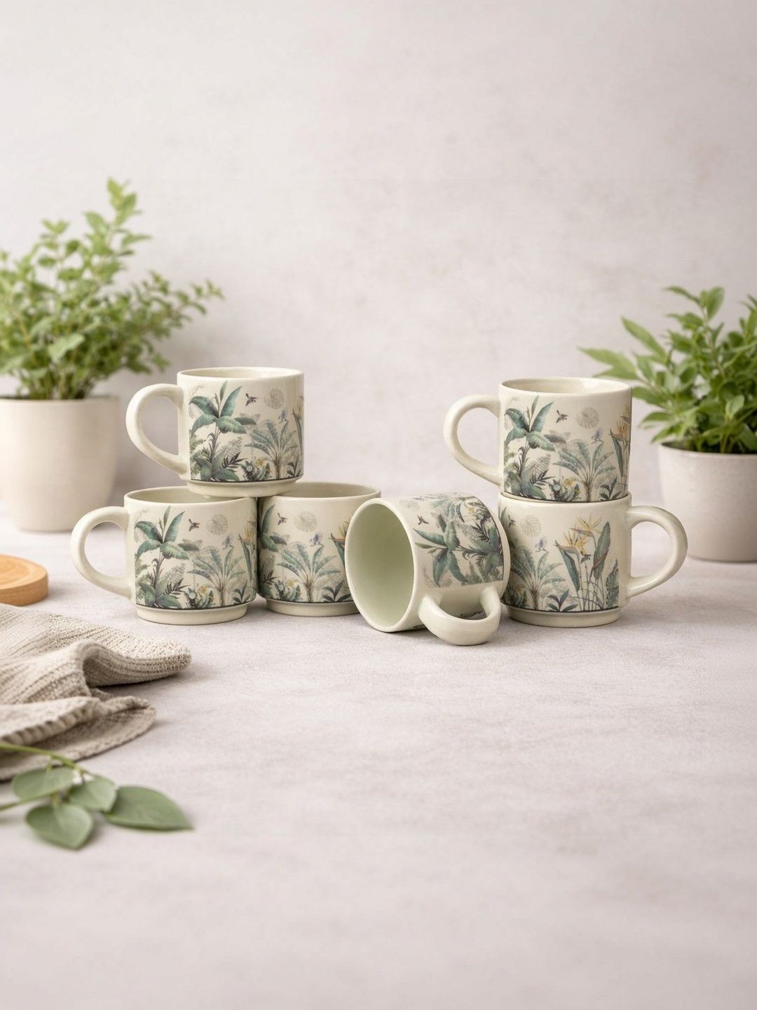 Myntra Elegant Homes Green & Cream-Coloured Natural Elements Printed Ceramic Glossy Mugs Set of Cups and Mugs-picture-20