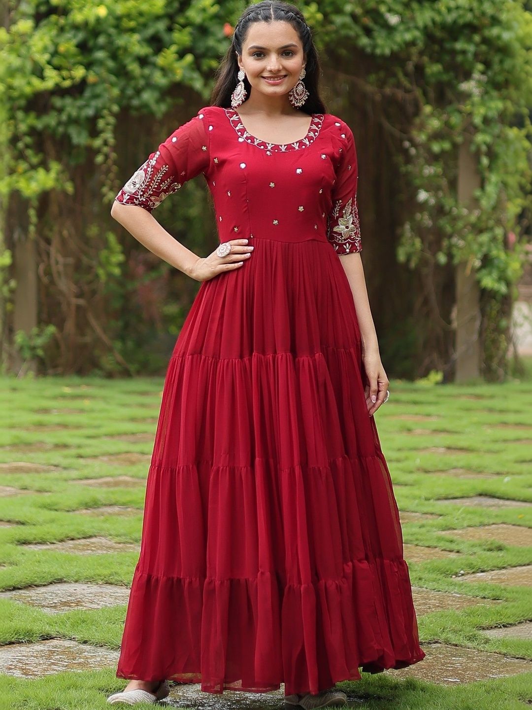 Sangria Ethnic Motifs Embroidered Sequinned Fit & Flare Maxi Georgette Ethnic Dresses-image-36