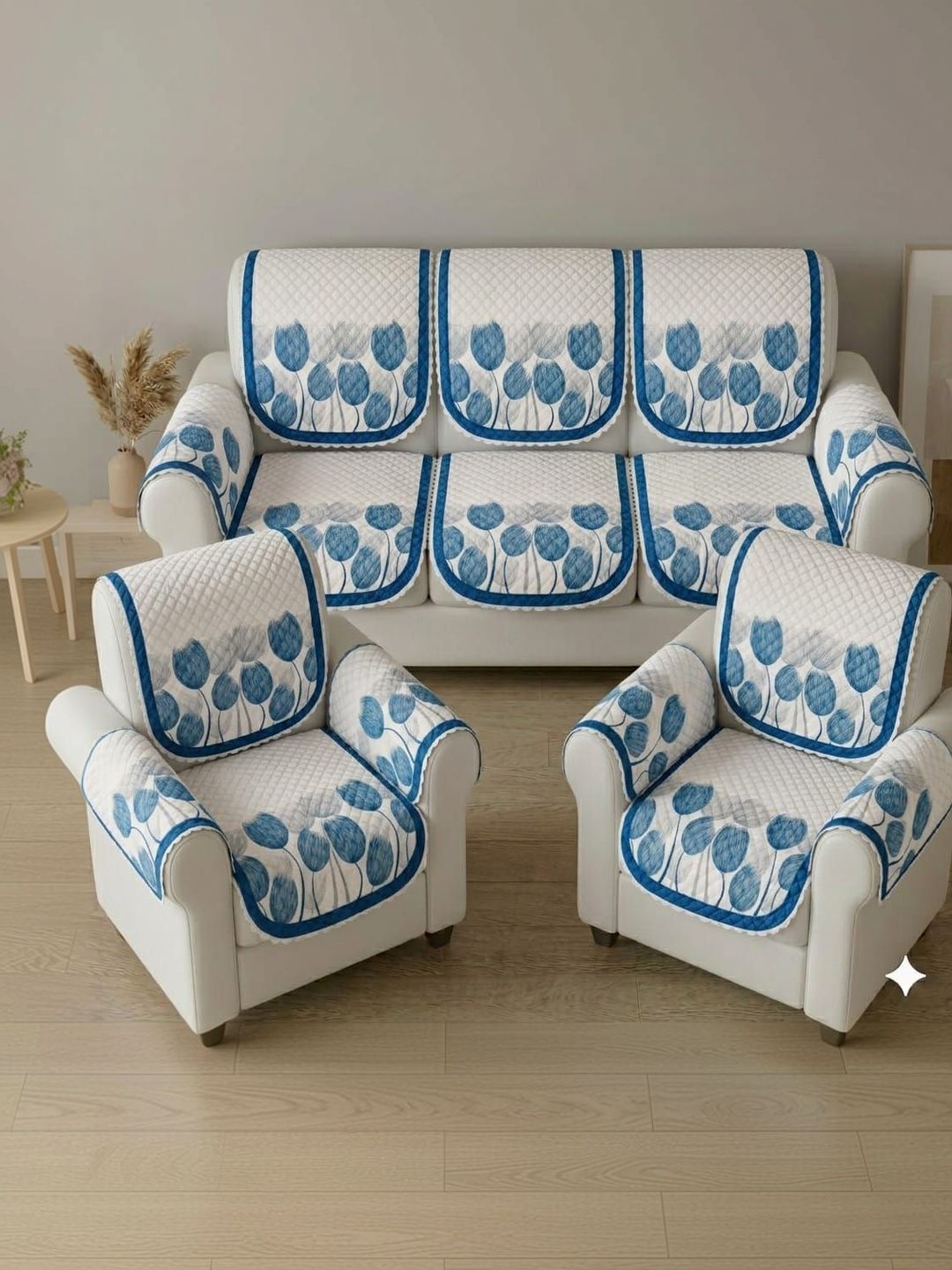 RAINBOW FURNISHINGS Blue Printed Sofa Cover With Arms-image-3