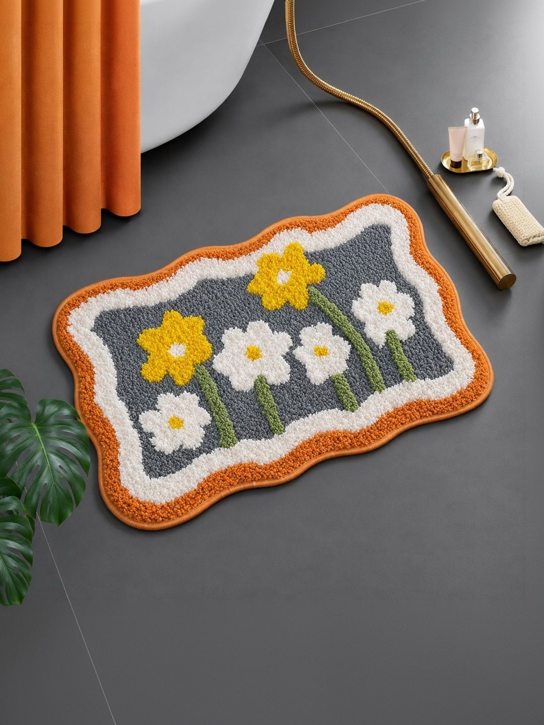 DECOVIA Grey & Yellow Floral Pattern 2000 GSM Anti-Skid Bath Rug-image-47