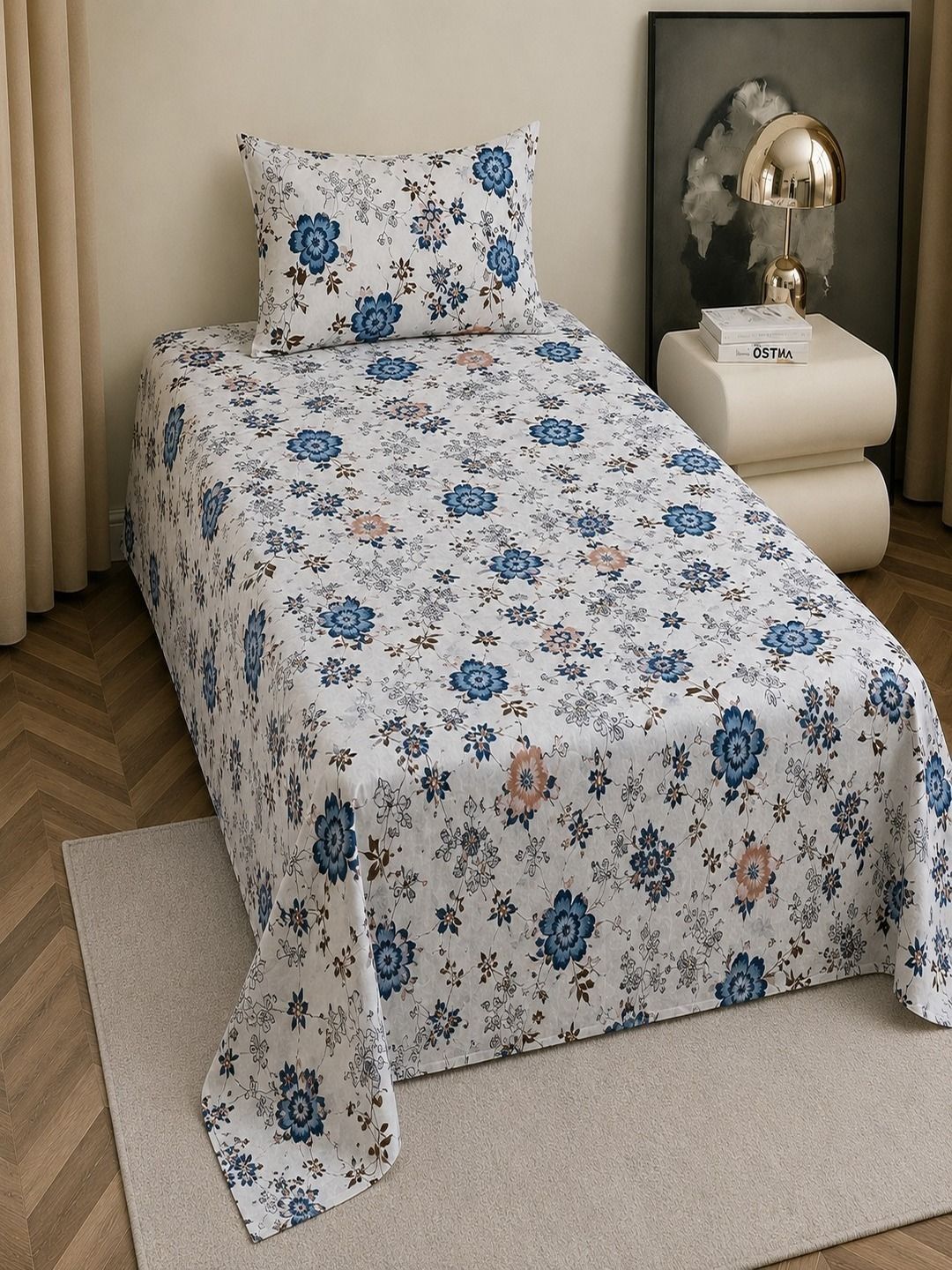 RRC Blue & White Floral 144 TC Single Bedsheet with 1 Pillow Covers-image-47