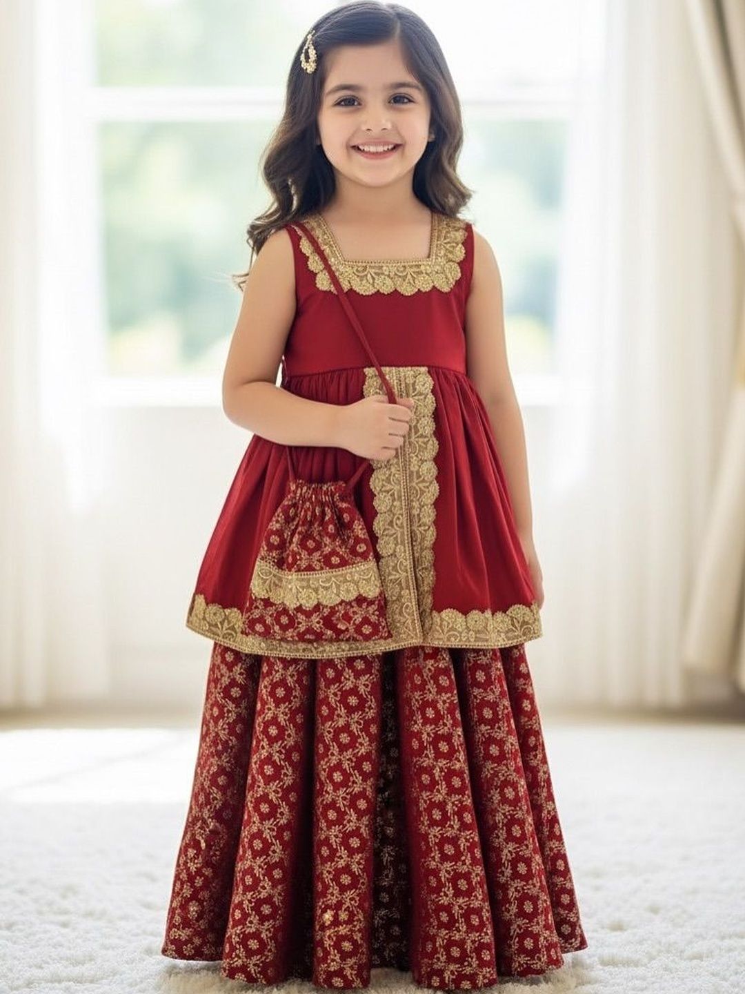 UFB Girls Embellished Square Neck Ready To Wear Lehenga & Choli