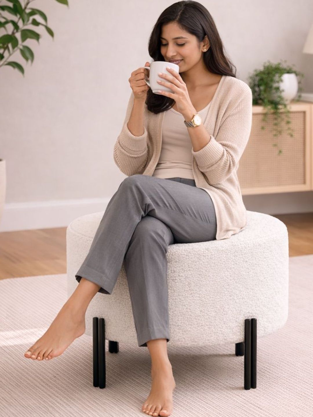 DOE BUCK White Round Ottomans With Dual Rod Legs-image-11