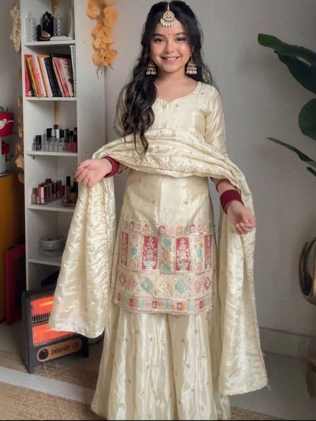 KALINI Girls Ethnic Motifs Embroidered Regular Thread Work Kurta with Sharara & With Dupatta-picture-29