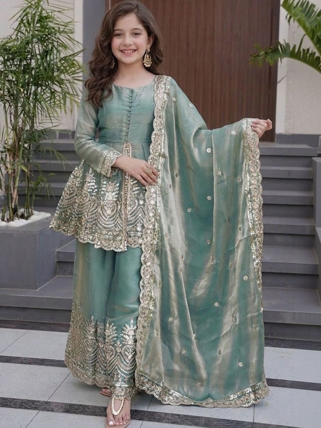 KALINI Girls Ethnic Motifs Embroidered Empire Kurti with Palazzos & With Dupatta-picture-29