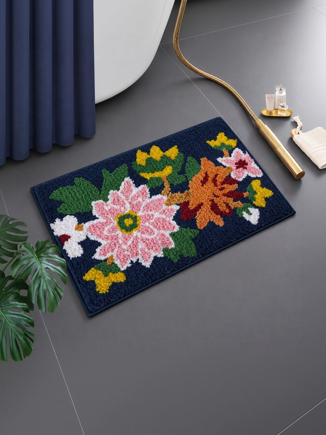 DECOVIA Blue & Pink Flowers Pattern 2000 GSM Anti-Skid Bath Rug-image-30