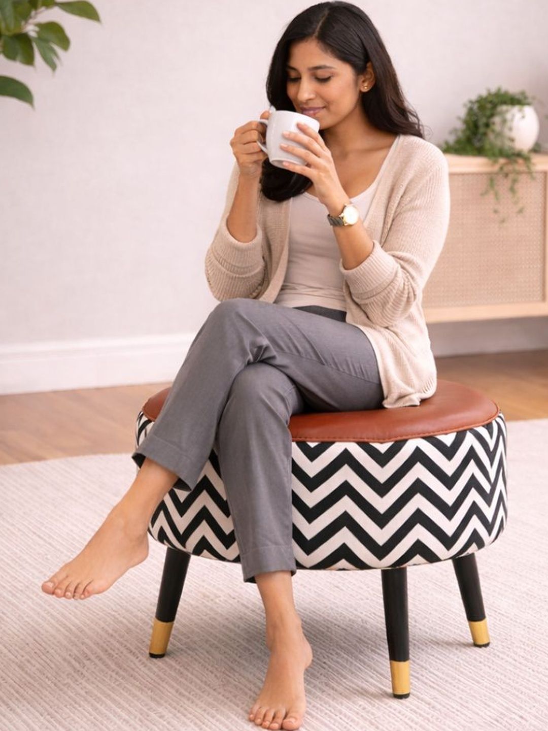 DOE BUCK Brown Round Ottomans With Dual Rod Legs-image-31