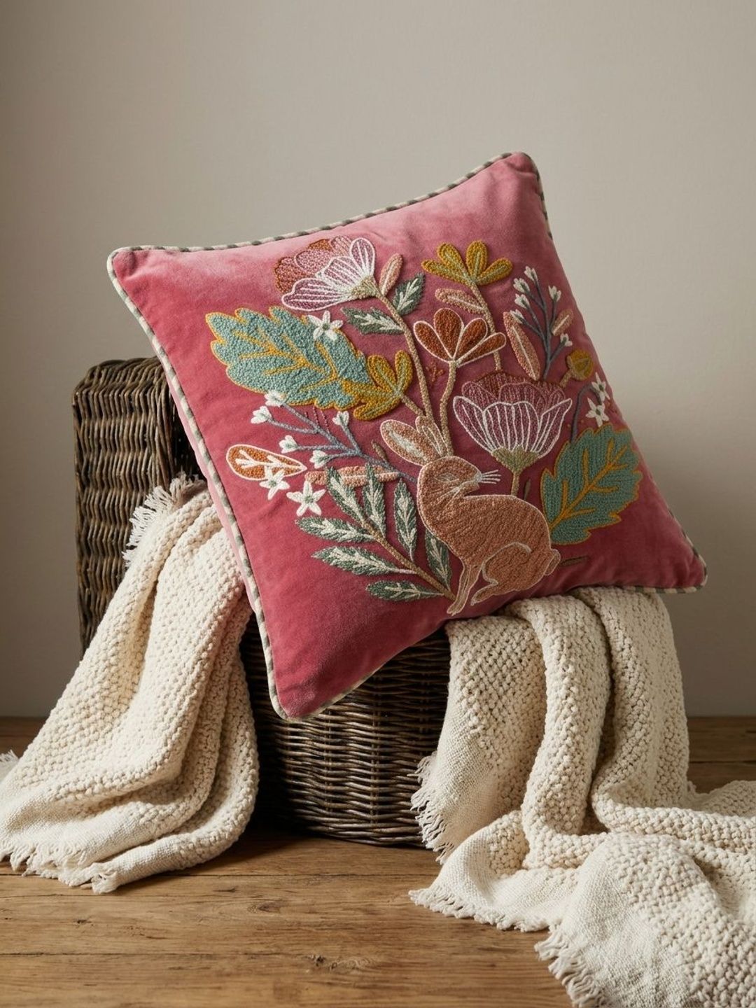 OLIVE HOME Pink & Multicoloured Floral Velvet Blend Square Cushion Covers-image-18