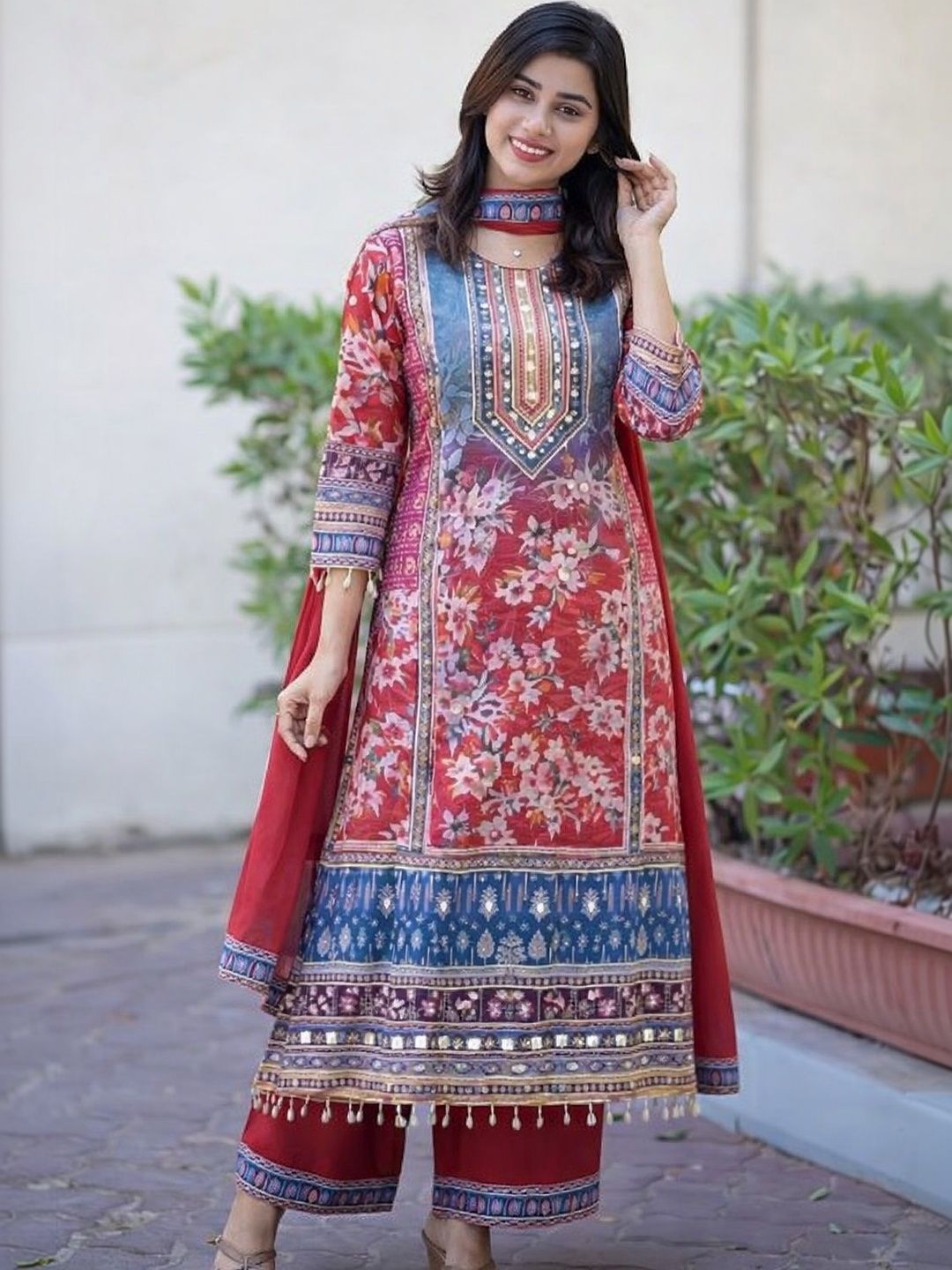 Garg Enterprises Women Floral Printed Regular Mirror Work Kurta with Palazzos & With Dupatta-picture-36