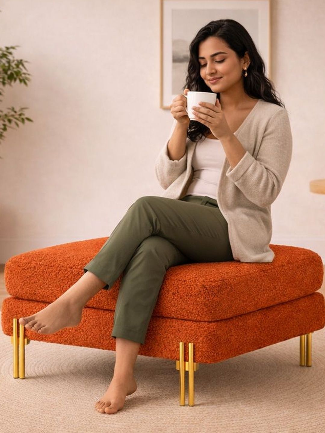 DOE BUCK Orange Square Ottomans With Metal Legs-image-10